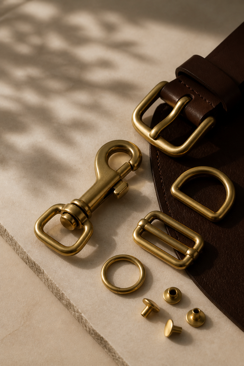 Premium solid brass hooks, rings, buckles, rivets, and leather detail arranged as a luxury product advertisement